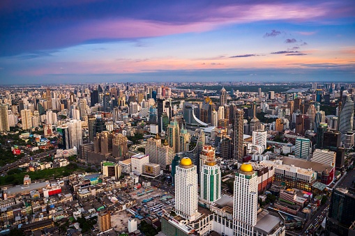A panoramic view of Bangkok city during sunset in Bangkok, Thailand