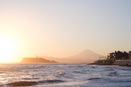 A beautiful sunset at the beach in Kamakura with splendid views of Mt Fuji and Enoshima island