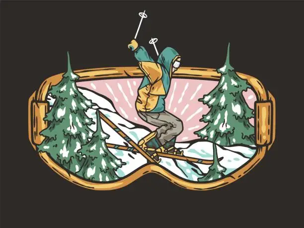 Vector illustration of A skier descends a snowy mountain in goggles. A winter extreme sport. Printable print about skiing