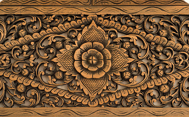Pattern of rose carved on wood Wood carving of rose motif balinese culture stock pictures, royalty-free photos & images