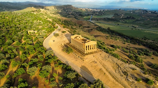 An aerial shot of Temple of Concordia in Valley of the Temples, Agrigento, Sicily, Italy
