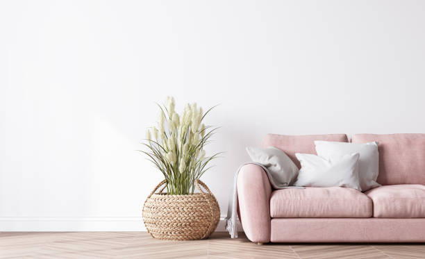 istock Modern living room design, bright interior with pink sofa on white minimal background 1443465897