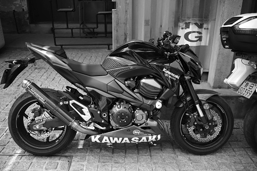 qingdao, China – March 01, 2022: A grayscale shot of a Kawasaki motorcycle