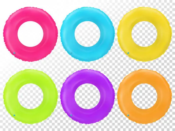 Vector illustration of Swim rings set. Inflatable rubber toy. Lifebyou colorful vector collection. Realistic summertime illustration. Summer vacation or trip safety item. Top view swiming circle for ocean, sea, pool.