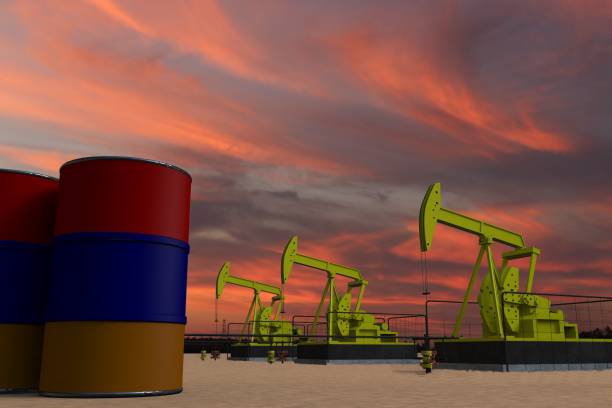istock Nice pumpjack oil extraction and cloudy sky in sunset with the ARMENIA flag 3D rendering 1443470108