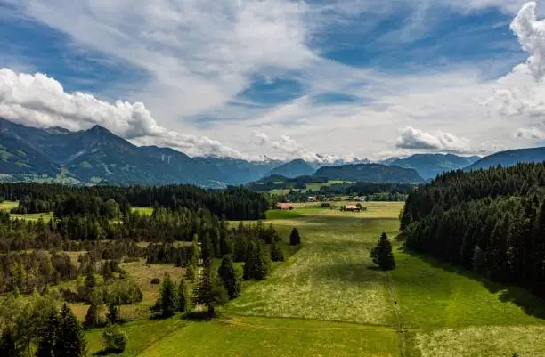 A beautiful view of Bavarian Alps range against a cloudy sky in Allgau, Kempten, Oberstdorf, Germany