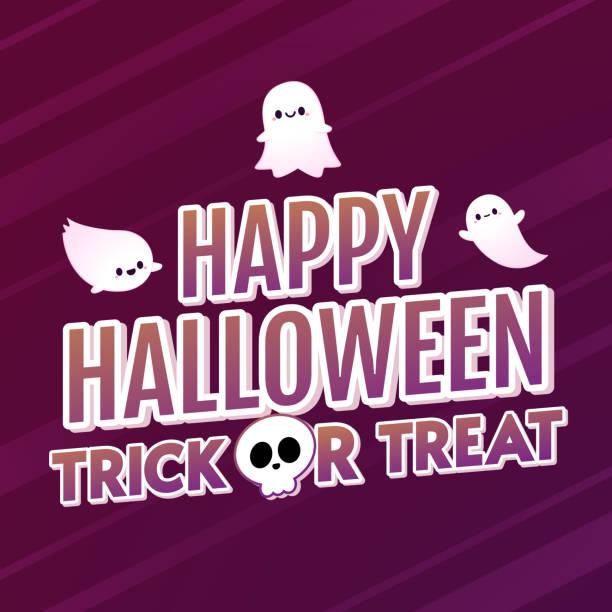 istock Happy halloween party greeting card with cute ghost. Holidays cartoon character. Trick or treat. Halloween funny cartoon. 1443471679