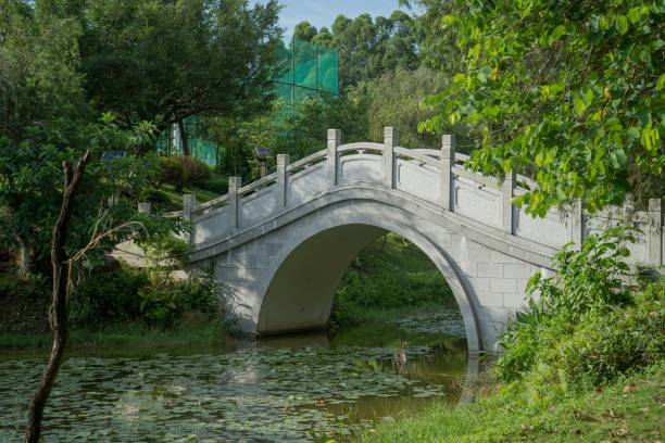 istock Old bridge over a shallow river on a sunny day 1443474184
