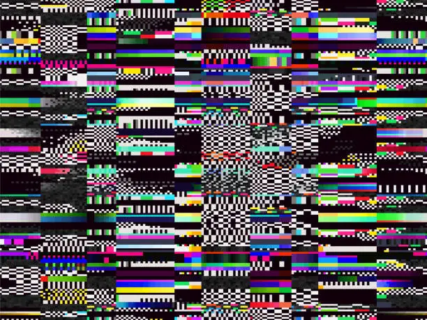 Vector illustration of Glitch background. Computer screen error. Digital pixel noise abstract design. Video game glitch. Television signal fail. Data decay. Technic problem grunge wallpaper.