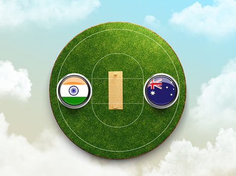 India vs Australia cricket flags with shield on Cricket stadium 3d illustration