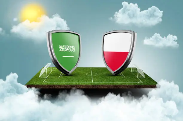 Poland vs Saudi Arabia Versus screen banner Soccer concept. football field stadium, 3d illustration