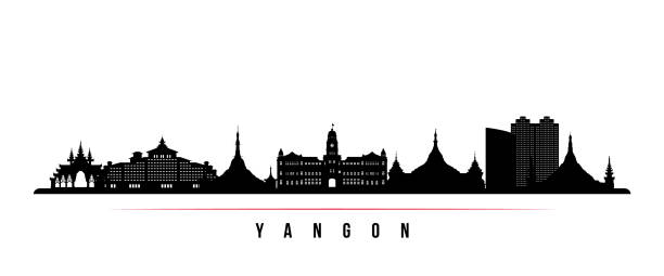illustrazioni stock, clip art, cartoni animati e icone di tendenza di bandiera orizzontale dello skyline di yangon. siluetta in bianco e nero di yangon, birmania. modello vettoriale per il tuo design. - yangon
