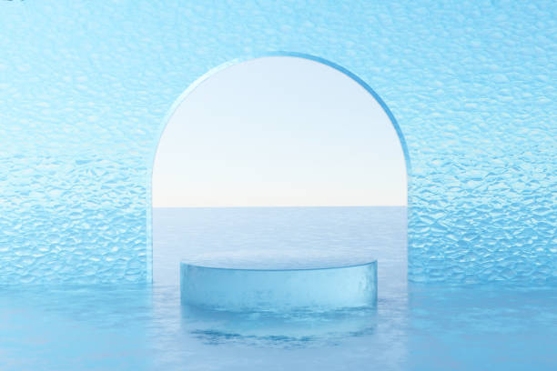 istock 3d render platform and Natural podium background on ice snow and snow covered floor with glass arch for product display, Blank showcase, mockup template or cosmetic presentation with empty round stage 1443479396