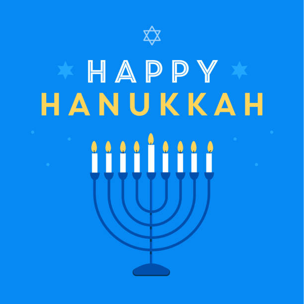 ilustraciones, imágenes clip art, dibujos animados e iconos de stock de coloridas letras de happy hanukkah con velas encendidas. tarjeta de felicitación navideña. ilustración vectorial - hanukkah menorah candle blue