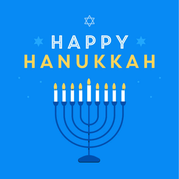 illustrazioni stock, clip art, cartoni animati e icone di tendenza di scritte colorate di happy hanukkah con candele accese. cartolina di auguri di natale. illustrazione vettoriale - menorah