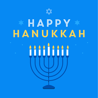 Colorful Happy Hanukkah lettering with burning candles. Holiday Greeting Card. Vector stock illustration