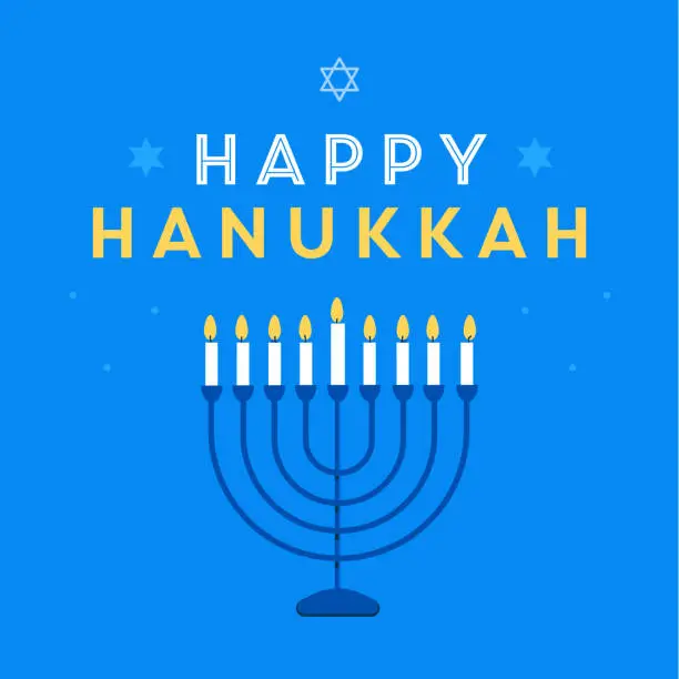 Vector illustration of Colorful Happy Hanukkah lettering with burning candles. Holiday Greeting Card. Vector stock illustration