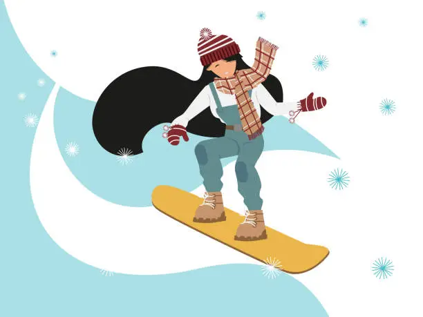 Vector illustration of Young girl snowboarding down a mountain