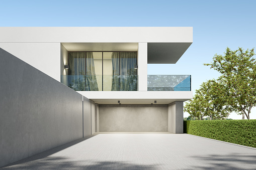 3d rendering of modern luxury house with garage and concrete floor.