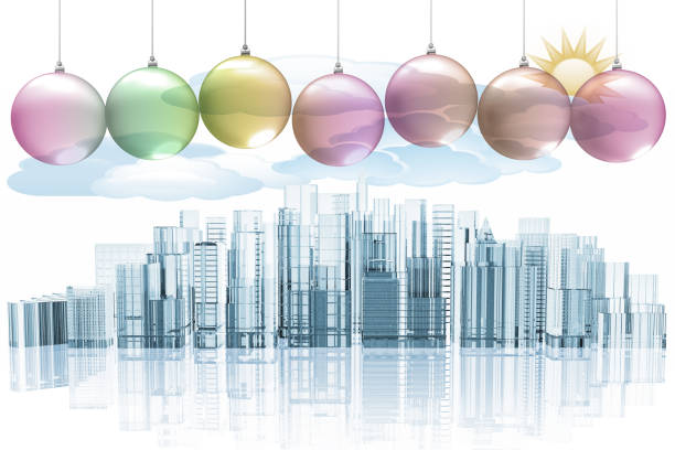 3D illustration. Christmas decoration with on the city skyline background with palaces and skyscrapers.