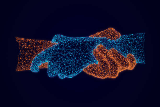 istock Low poly of Business handshake with of points, and lines, effect particles wire-frame glowing on dark background. Partnership and business trust concept. 1443489390