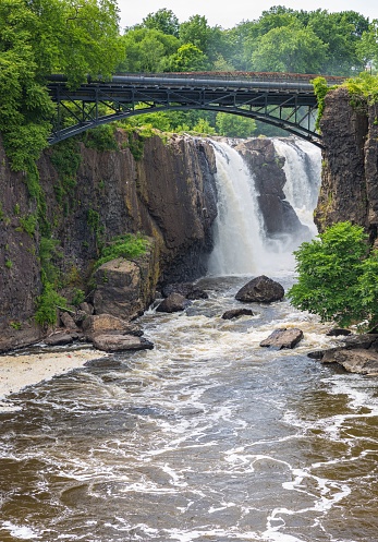 A beautiful view of Paterson Great Falls National Historical Park with a bridge over the flowing water surrounded by lush greenery