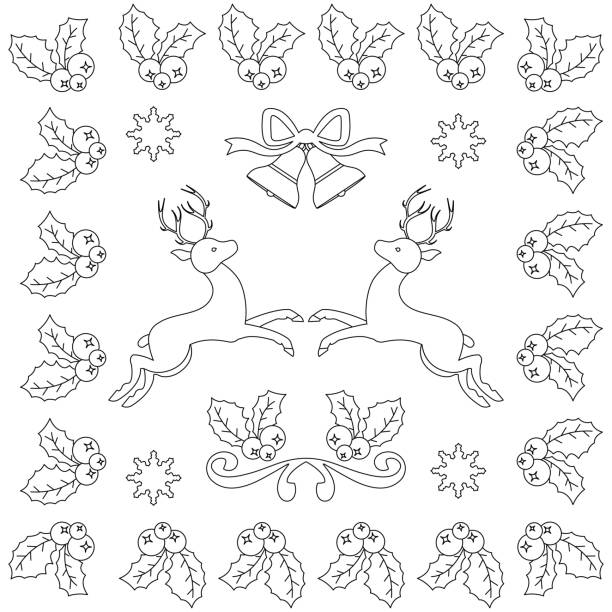 Decorative winter card with holly, bluebells and deer. Zen art. Illustration. Decorative winter card with floral ornament and deer. Zenart. Stylized template for Christmas cards, congratulations and corporate invitations, covers, books and anti-stress coloring pages. bell sleeve stock illustrations