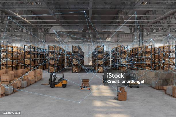 Distribution Warehouse With Plexus Automated Guided Vehicles Cardboard Boxes Forklifts And Pallets Remote Control With Mobile App And Technology Devices Stock Photo - Download Image Now