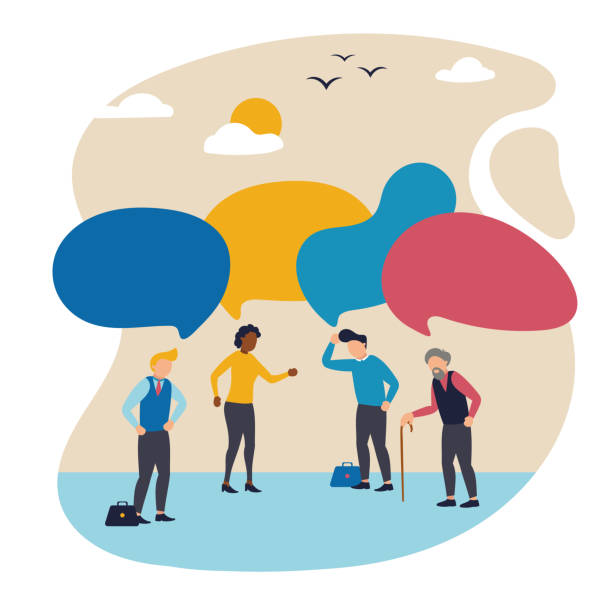 istock Vector illustration with group of different ages people thinking, talking. Concept of business, communication, partnership, problem solving, innovative business approach, brainstorming 1443492801