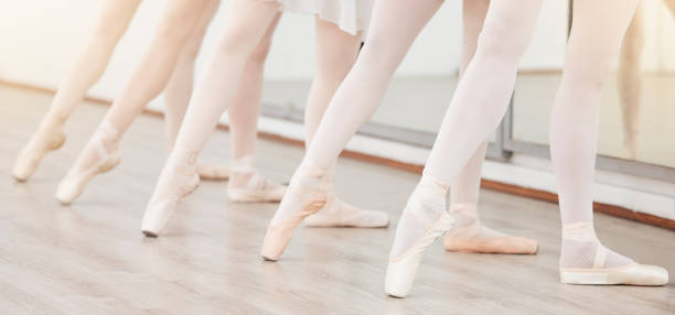 istock Fitness, art and ballet dance class training practice creative dancing in a studio or center, wellness movement lesson. Closeup on shoes of women dancers learning a routine, prepare for performance 1443493445