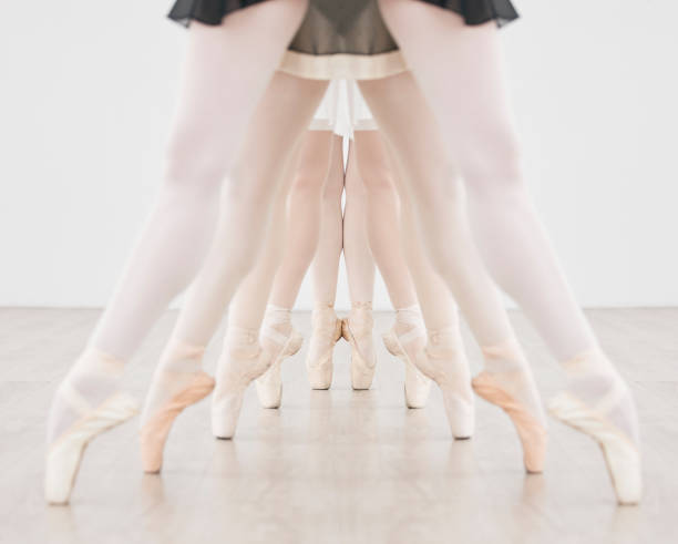 istock Ballet training, group dance and pointe feet, strong legs and dancing skill in performance class studio. Ballerina dancers, balance and practice line learning, creative theatre and concert production 1443493449