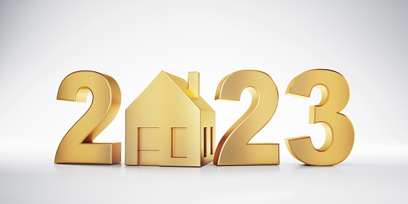 Golden symbol house and numbers 2023 on white background - 3D illustration