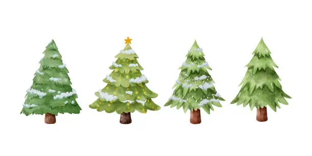 Vector illustration of Christmas Tree Watercolor Collection. Set of pine green tree for Merry Christmas winter card. Cute tree forest cartoon isolated on white background vector illustration