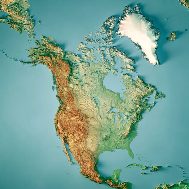 topografische karte nordamerika 3d-renderfarbe - nordamerika stock-fotos und bilder