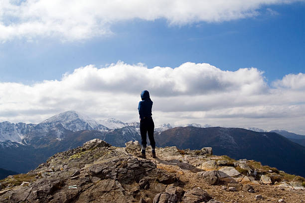 istock Young girl looking over high mountains 144349833