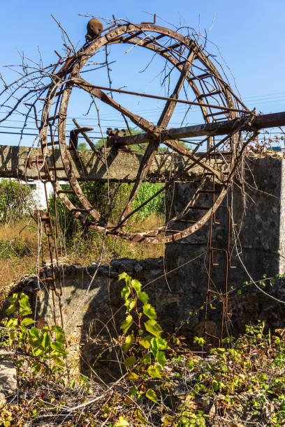 An old abandoned well with a scary doll head on it on a sunny day