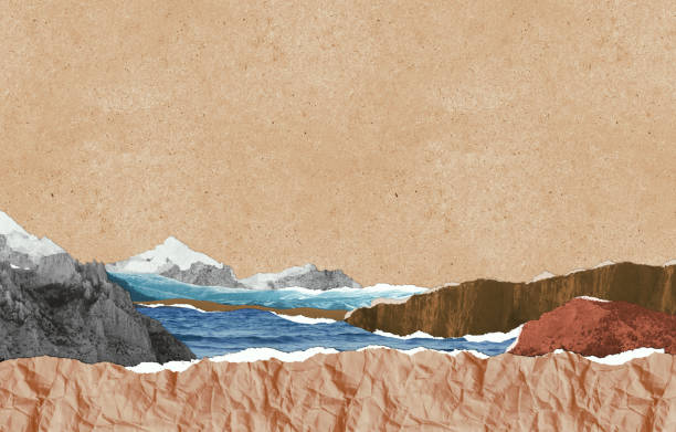Zine collage landscape paper art Surreal collage composition made of torn pieces of vintage paper. Seascape with blue colored fragment of water, mountain and gravel in front. Cut out fragments made of linen, craft paper, carton, torchon. split pictures stock pictures, royalty-free photos & images