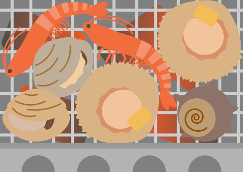 Image illustration of fresh seafood grilled on a charcoal stove