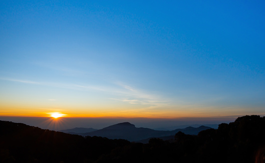 Scenic view of Mountains against sky during sunrise. Countryside landscape view background.