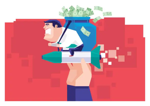 Vector illustration of businessman sitting on rocket and carrying sack of money banknotes with helping hand