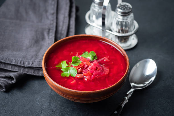 istock Borscht, Ukrainian beetroot soup in a bowl 1443504020
