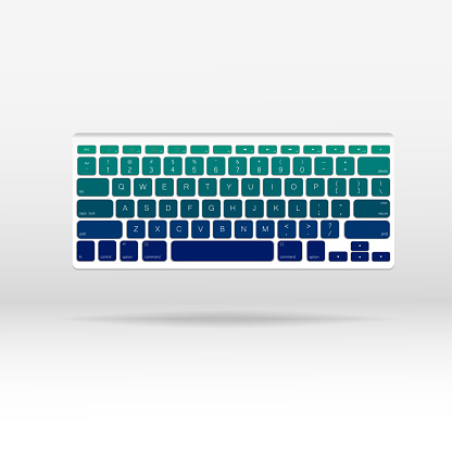 Portable white keyboard with blue and turquoise shades of color buttons on the light background. Vector isolated clip art illustration.