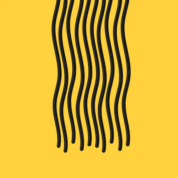 Vector illustration of Black spaghetti isolated on yellow background. Charcoal or black noodle.