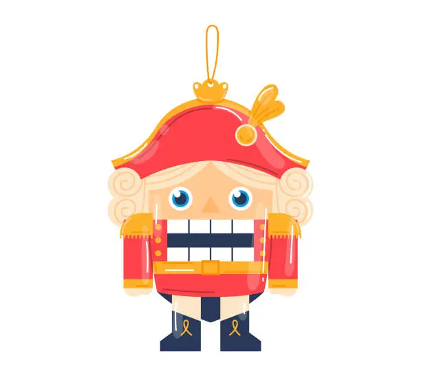 Vector illustration of Antique nutcracker toy drummer soldier with a big tooth and opened mouth vector illustration isolated on white background