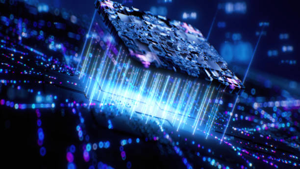 istock 3D rendered CPU on a motherplate shining in a darkness. CPU in neon colors 1443506072