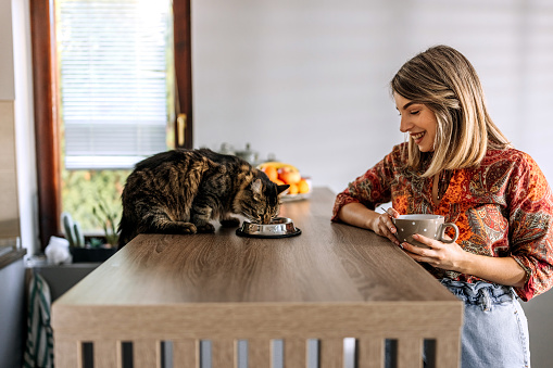 Woman enjoying coffee in the apartment while the cat is eating next to her