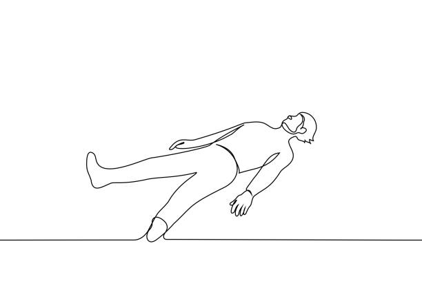 man lies on his back on the ground or floor - one line drawing vector. the concept of lying unconscious, sleeping, dead man - ölüm illüstrasyonlar stock illustrations