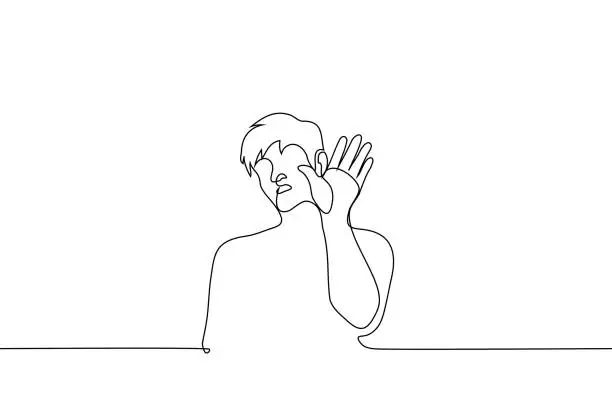 Vector illustration of man put his palm forward, call to stop gesture - one line drawing vector. concept of prohibition, ban, force to stop, that's it
