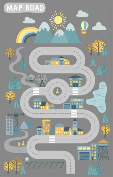 Vector illustration of Childrens map road construction. Vector cartoon illustration of children's mat for road play. City adventure map with mountains, wood, lake, building and construction site. Design for nuresry decor