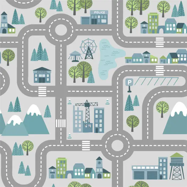 Vector illustration of Childrens map road seamless pattern. Vector cartoon illustration of children's mat for road play. City adventure map with mountains, wood, lake, building, cars and construction